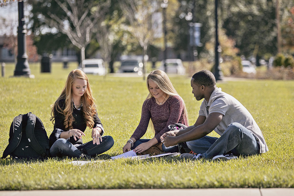 Students sitting outside in the grass on a summer day.