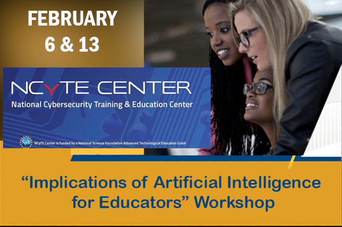 Three ladies looking at computer screen with words : Implications of Artificial Intelligence for Educators” Workshop