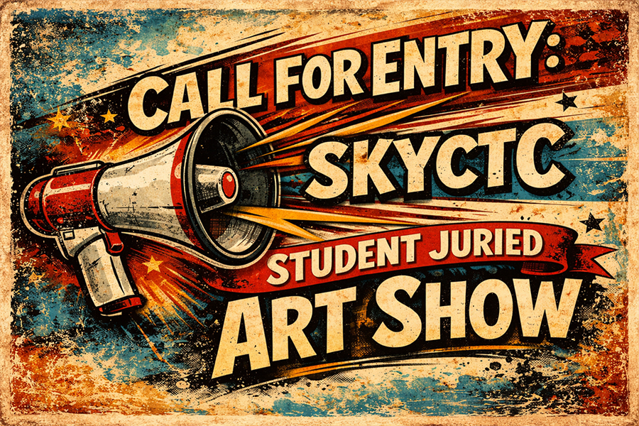 Artist rendering of a megaphone with words call for enry student art show