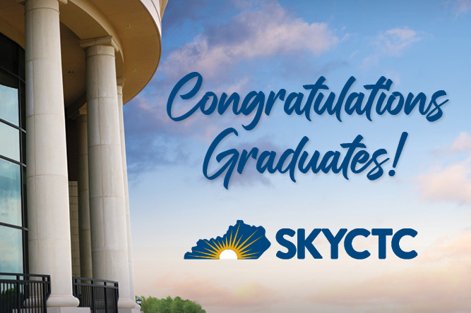 Image of front of campus with words congratulation graduates