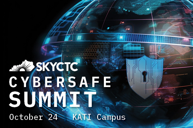 Graphic of digital world with key hole and words SKYCTC Cybersafe Summit