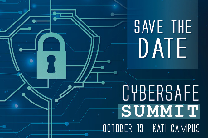 Web graphic with padlock and words, save the date for the cybersafe summit october 19 