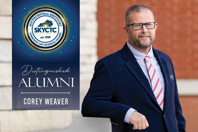 Image of Corey Weaver with distinguished alumni banner