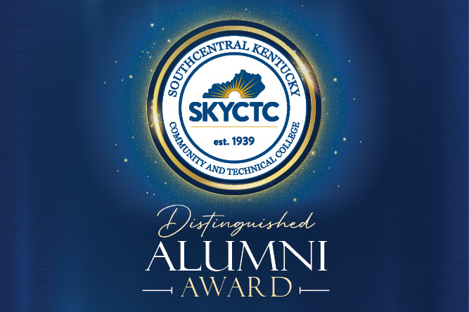 College seal on blue background with words distinguished alumni award