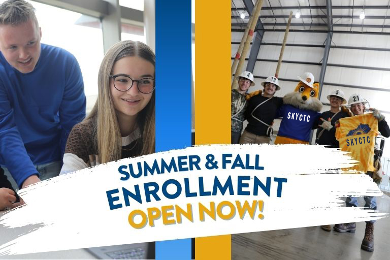 Students with sign that says fall and summer enrollment is open now