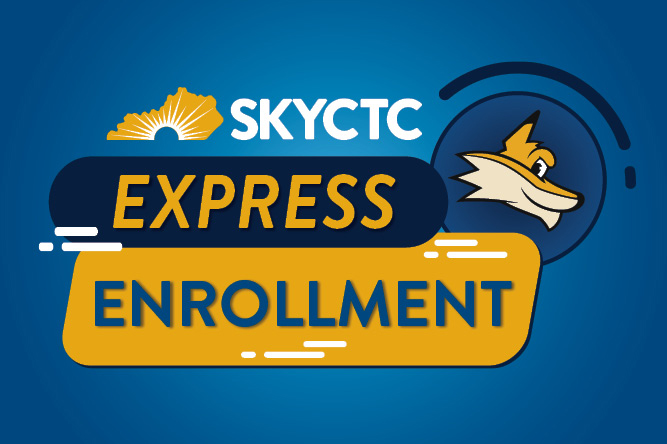 Pathfinders face on blue background with words Express Enrollment Event
