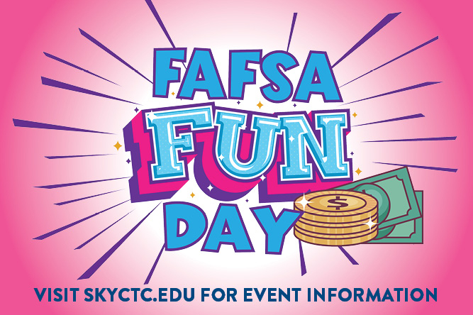 Artist rendering of words FAFSA Fun Days on pink background with money beside words