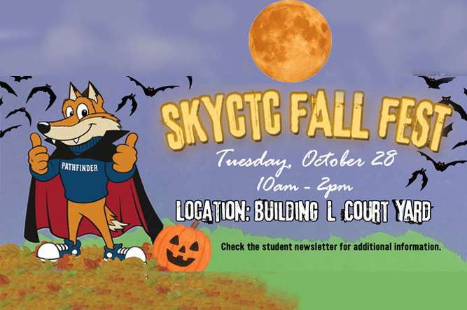 Artist rendering ofpathfinder dressed as a vampire with word SKYCTC Fall Feat