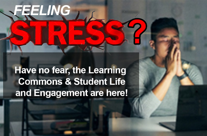 Student looking stressed with words: Feeling stressed, have no fear Student Life and Engagement and the Learning Commons are here.
