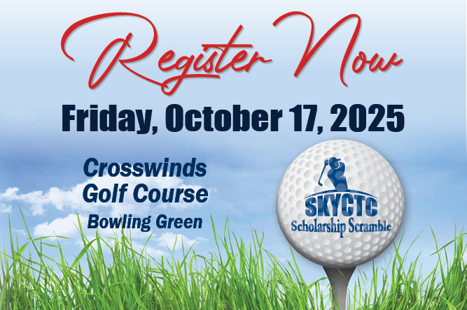 Artist rendering of a golfball on a tee with Scholarship Scramble logo on it.