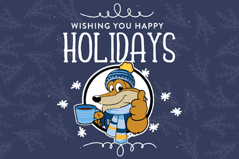 Artist rendering of mascot Pathfinder holding a mug with the words wishing you a happy holiday