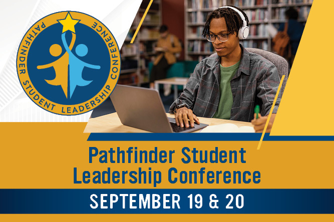 student at laptop with headphones with words Pathfinder Student Leadership Conference September 19 & 20