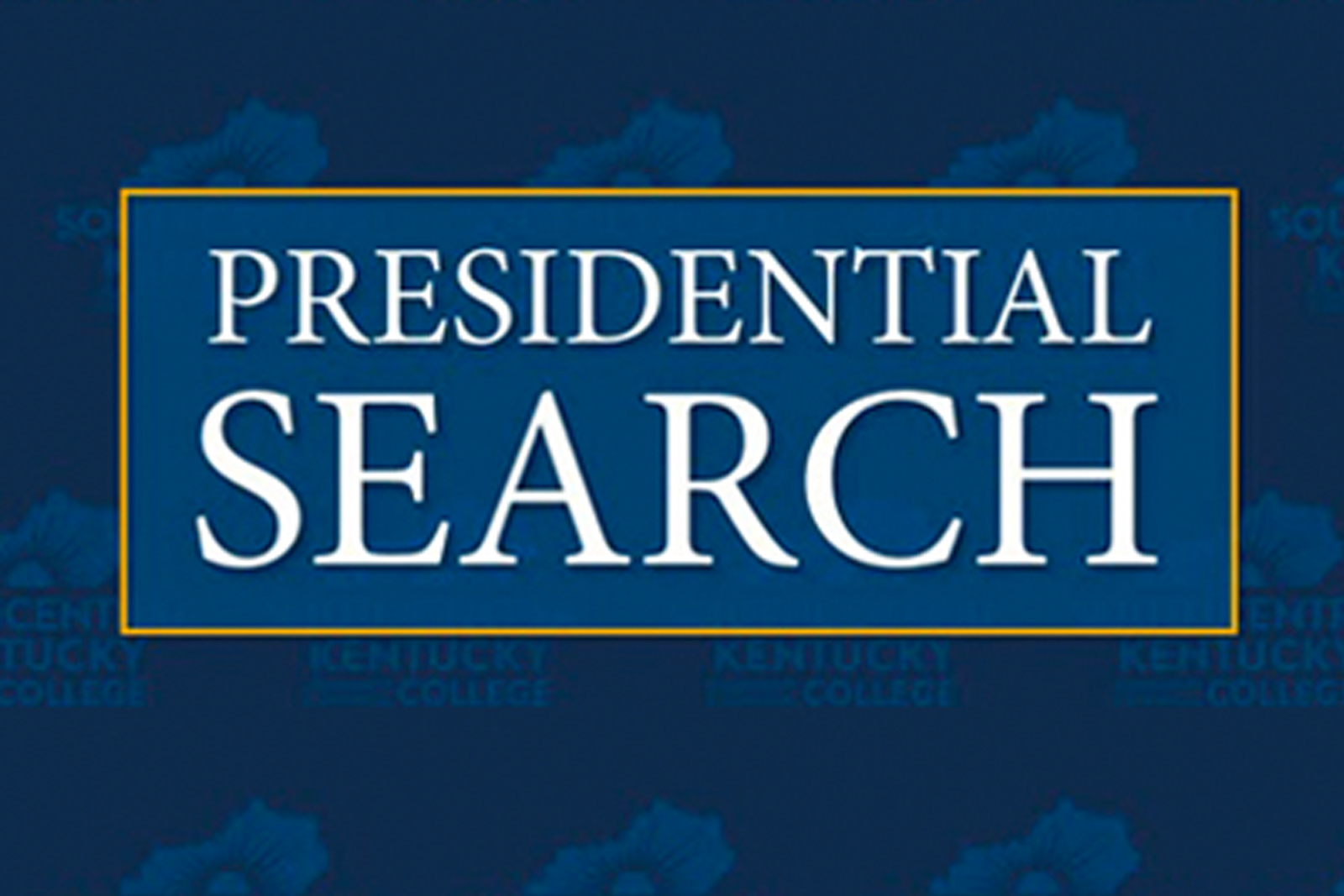 Words Presidential Search on blue logoed background