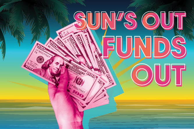 image of hand holding money with words: Suns Out Funds Our