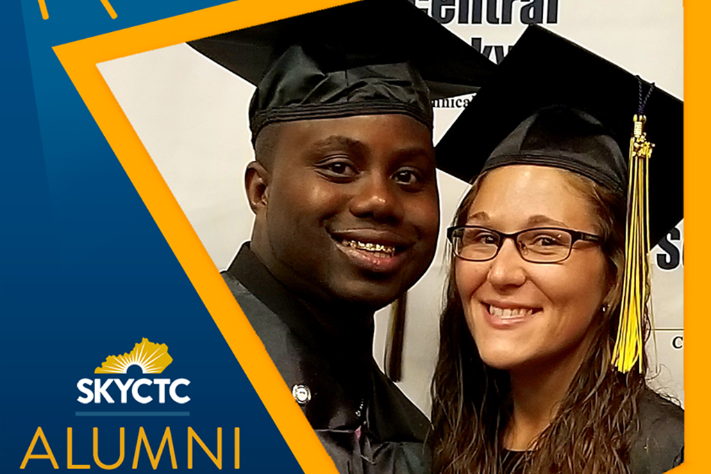 Danny and Cystal Reed wearing graduation cap and gowns.