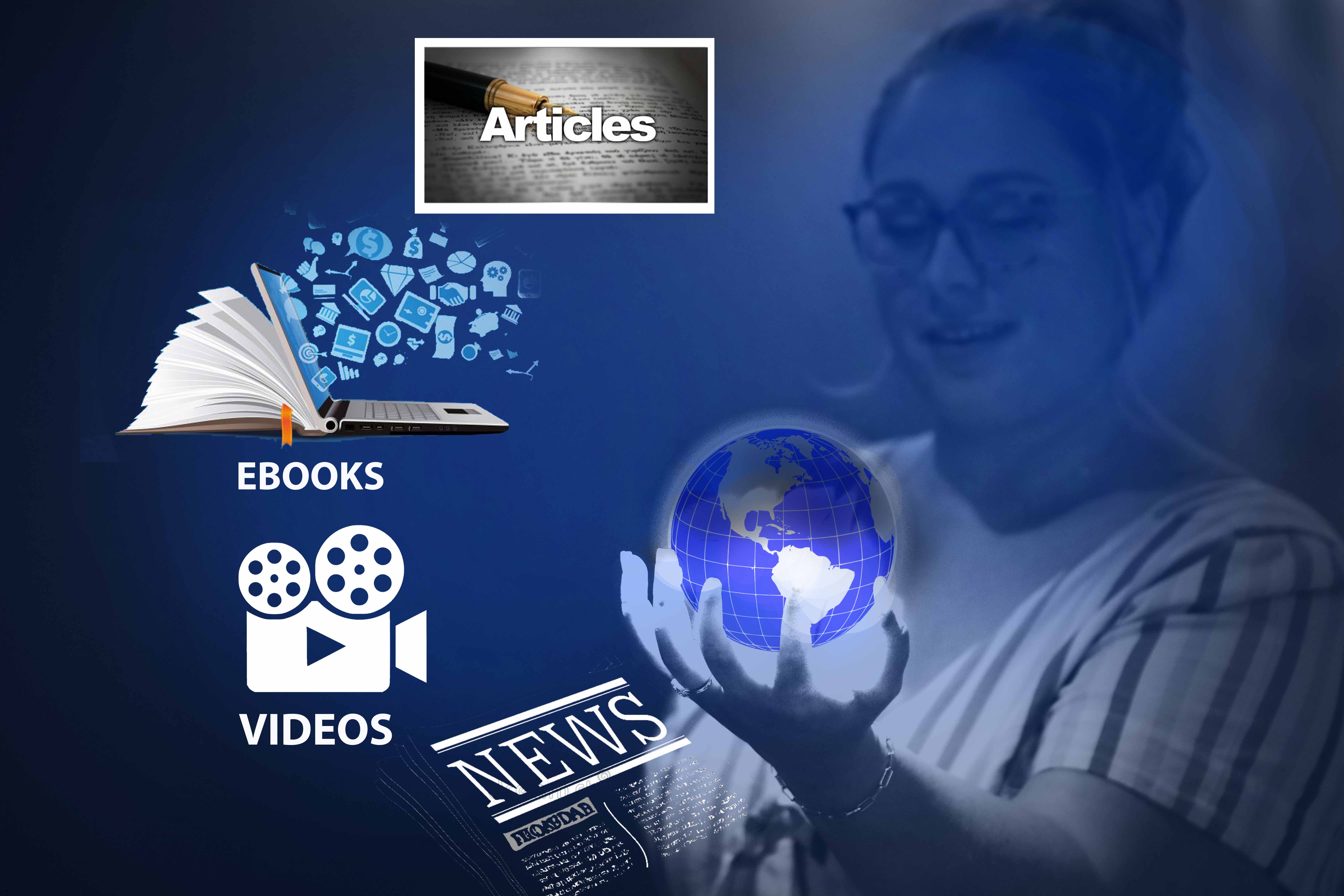 Student holding globe with "News", "Video", "ebooks", and "articles" icons around her
