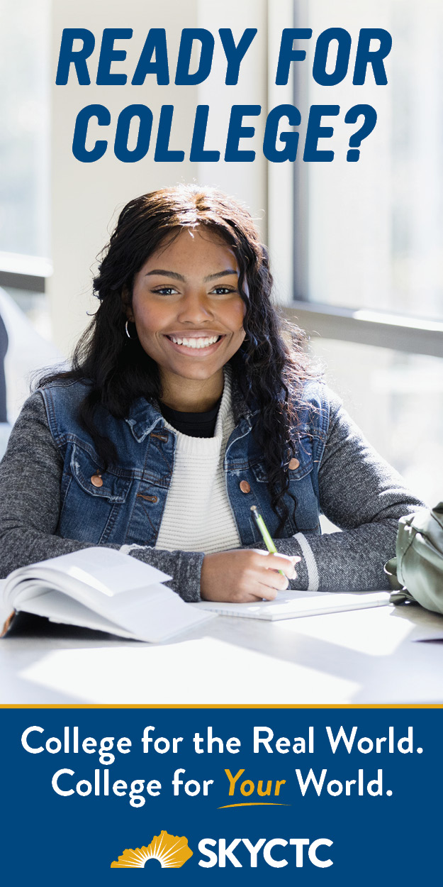 female student sitting at a desk with a notebook and a book. Text: Ready for College? College for the real world. College for your world. SKYCTC.
