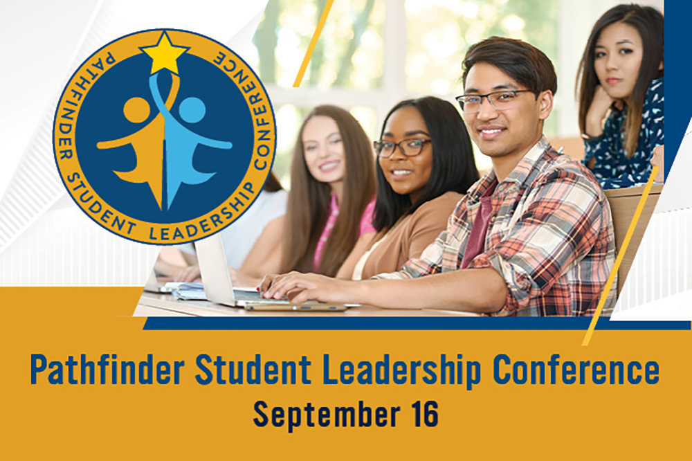 Students in classroom with laptop with banner saying Pathfinder Student Leadership Conference