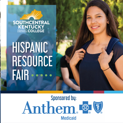 Latino girl holding backpack with words Hispanic Resource Fair