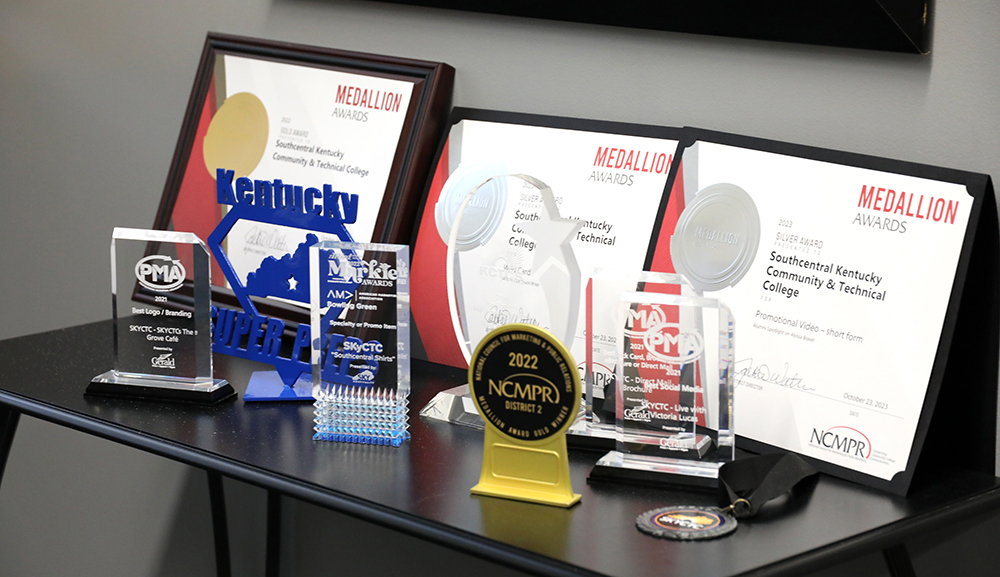 Awards laying on a table