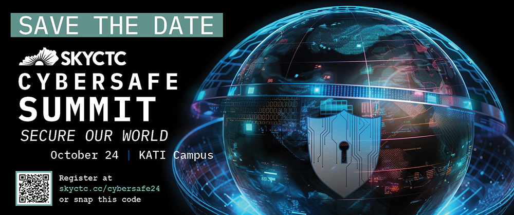 Didgital globe with words save the date for the SKYCTC Cybersafe Sumit and secure the world