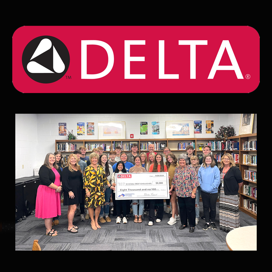 Delta Faucet logo with photo of group of Butler county student standing behind check donation photo.