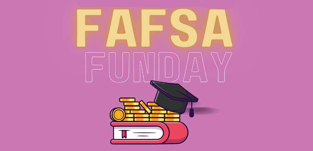 Clip art of books and money with a graduation cap and words FAFSA FUNDAY