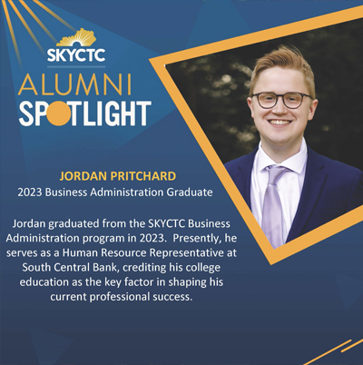 Photo of Jordan Pitchard with words: SKYCTC Alumni Spotlight, 2023 Business Administration Graduate. 