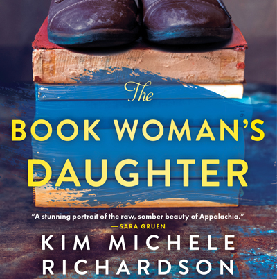 Old bootsd setting on a stack of books with words The Book woman's Daughter by Kim Michele Richardson 