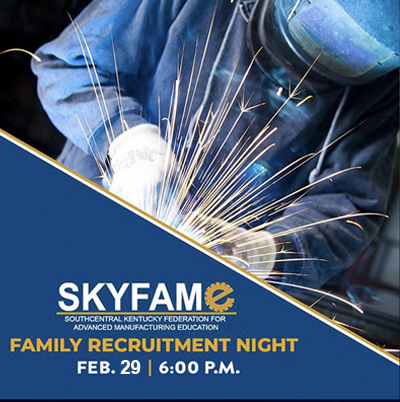Picture of a welder with SKY FAME logo and words: SKY Fame Family Recruitment Night, Friday February 29, 2024 at 6PM.