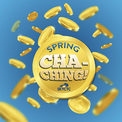 Gold coins floating in air with words on one of the coins, Spring Cha Ching