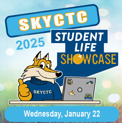 Artist rendering of mascot Pathfinder with words 2025 Spring Student Life Showcase Wednesday, January 22.