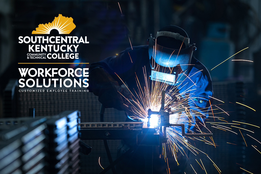 Person welding with SKYCTC Workforce Solutions logo on image