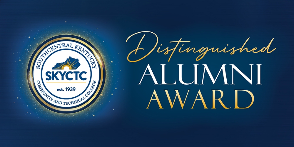 College seal on blue background with words distinguished alumni award