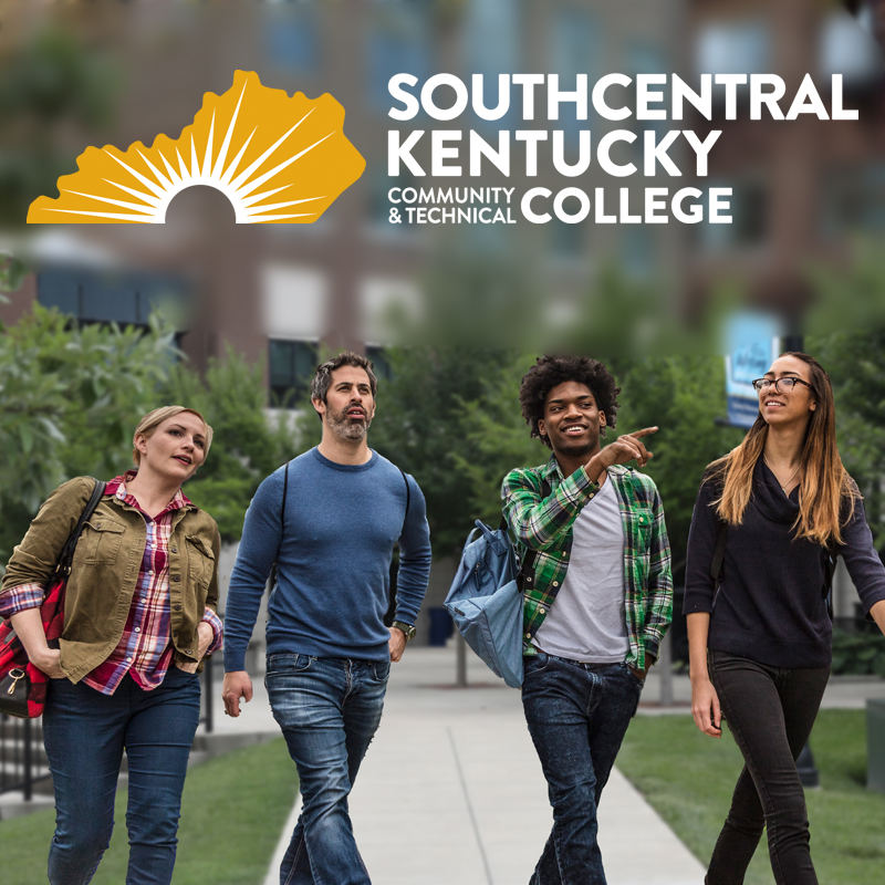 Four student walking across campus with SKYCTC logo.