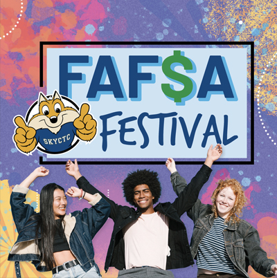 Three students holding up a sign that says FAFSA Festival with festival background