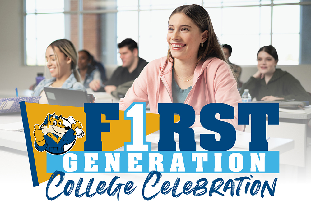 Students in a classroom with words; First Generation College Celebration