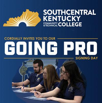 Three Allied Health student of SKYCTC are sitting at a table signing work agreements with area health facilities,