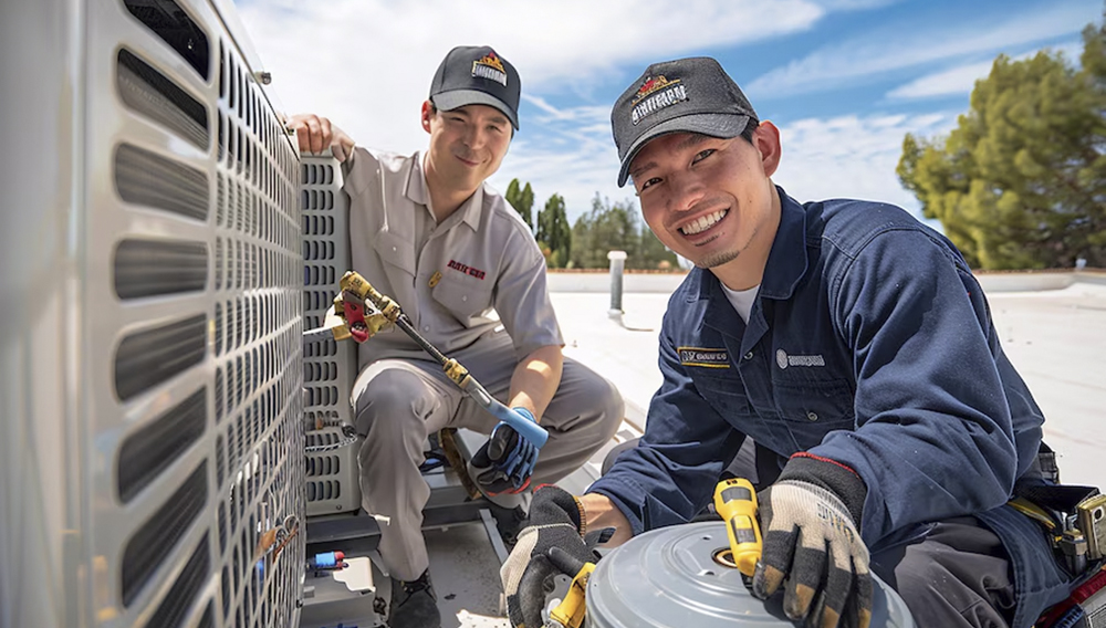 Two male HVAC Technicians squated by an aid conditioning unit.