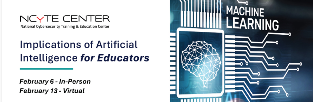Picture of event banner with electronics chip and words: Implications of Artificial Intelligence for Educators IN PERSON EVENT February 6 & 13, 2026 • 9:00am - 4:00pm CST Southcentral Kentucky Community and Technical College Building L, Room 209 1845 Loop Street, Bowling Green, KY 42101 February 6 - In-Person February 13 - Virtual