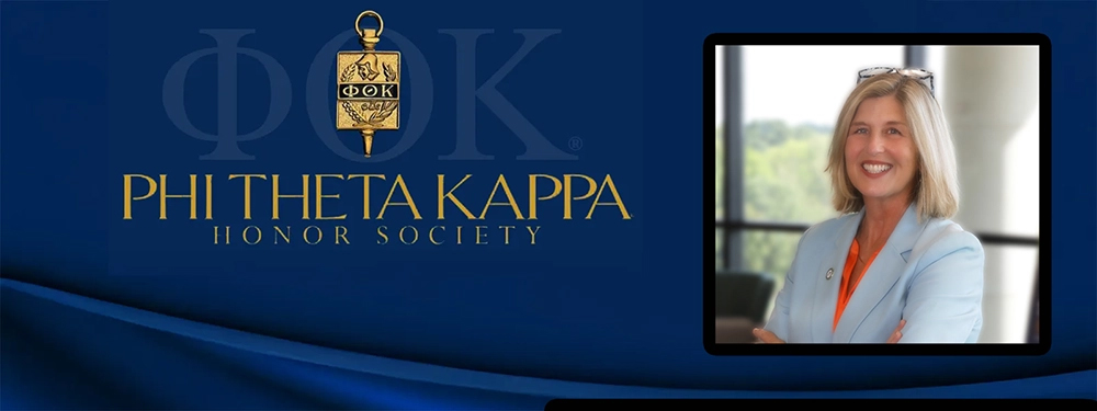 Phi Theta Kappa logo on blue background with photo of Michelle Trawick