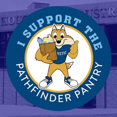 SKYCTC Mascot Pathfinder holding a bag of groceries with words: I support Pathfinder Pantry