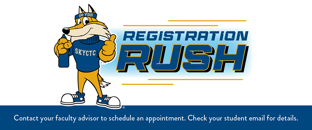 Pathfinder mascot with words Registration Rush, April 14 - 17
