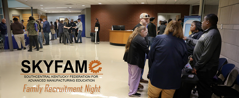 image of people talking to employers at tables with the SKY FAME logo