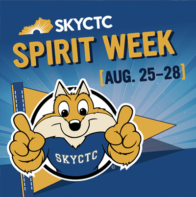 Artist rendering of SKYCTC mascot Pathfinder with words, SKYCTC Spirit Week August 25 to 28