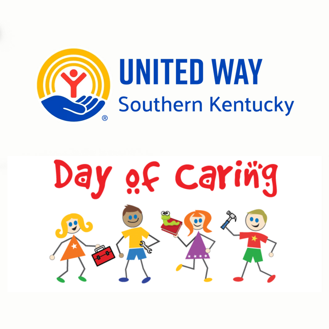 United Way logo with day of caring logo including artist rendering of children