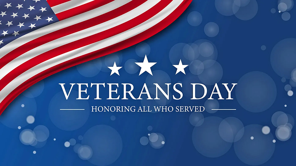 Veterans Day image with flag and blue background