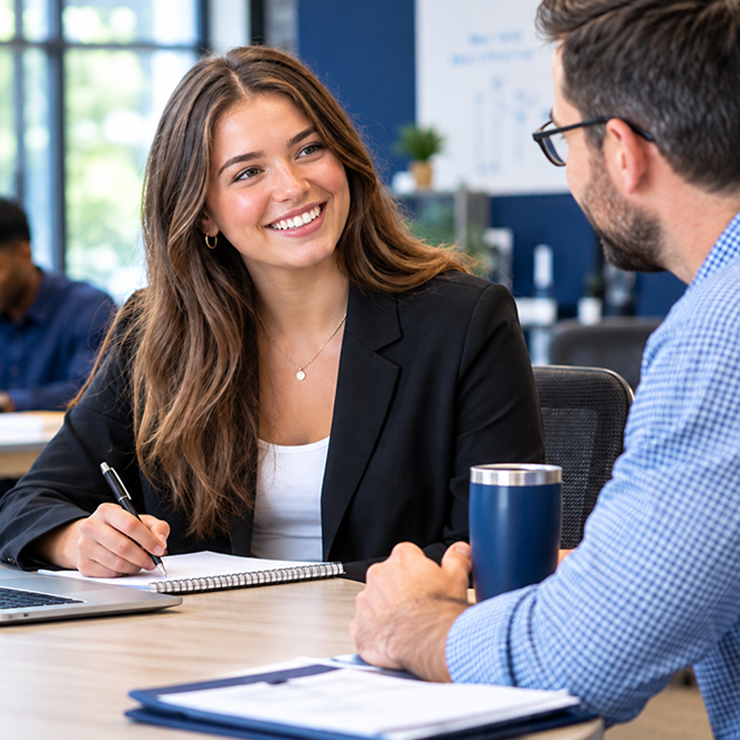 Female intern at desk talking to male supervisor
