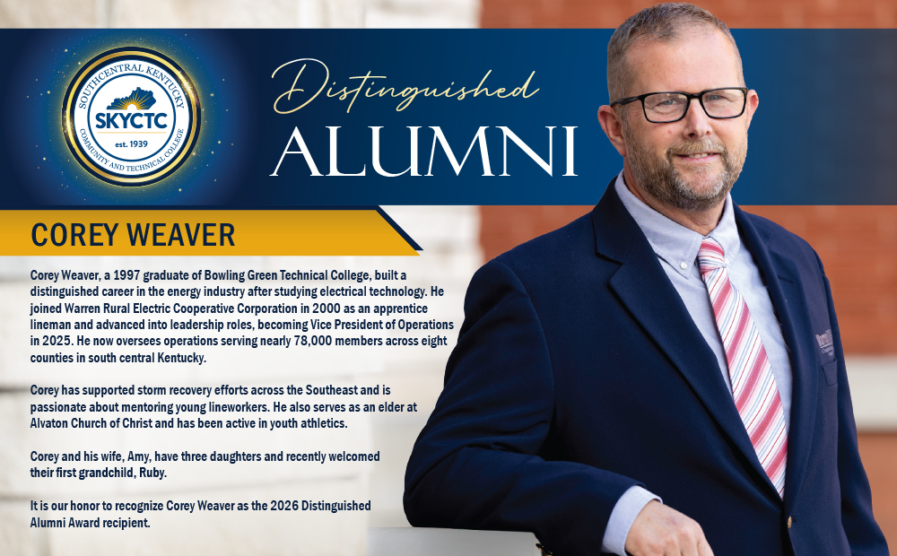Corey Weaver leaning against a stone wall with distingished alumni banner and discriptor about him that is repeated in the article