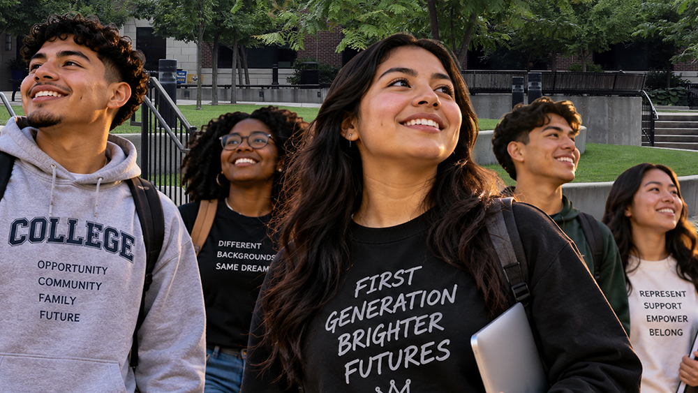 First Generation students standding on campus
